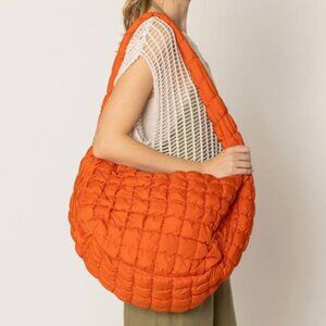 NWT Orange Quilted Puffer Tote Bag Trendy Lightweight Shoulder Purse Travel